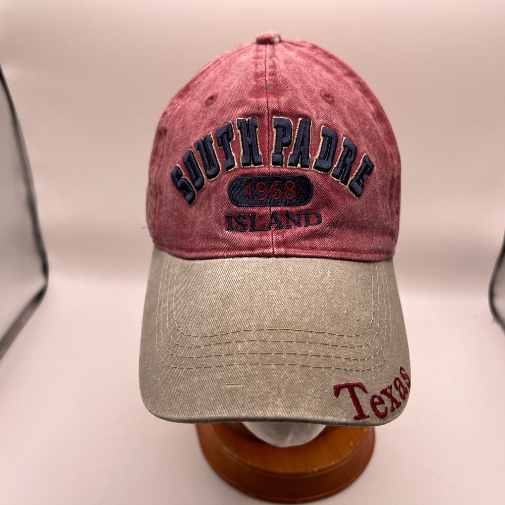 South Padre Island 1968 Texas Hat Burgundy Tan Embroidered Souvenir Baseball Cap